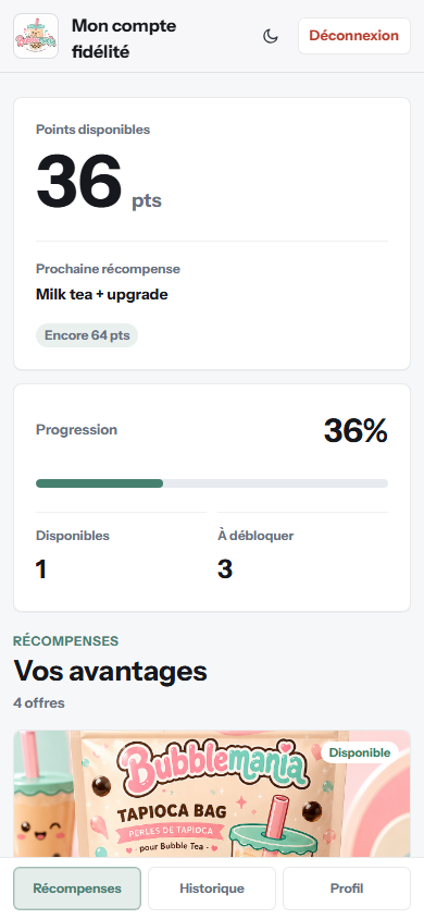 Espace fidélité client Revyy sur mobile